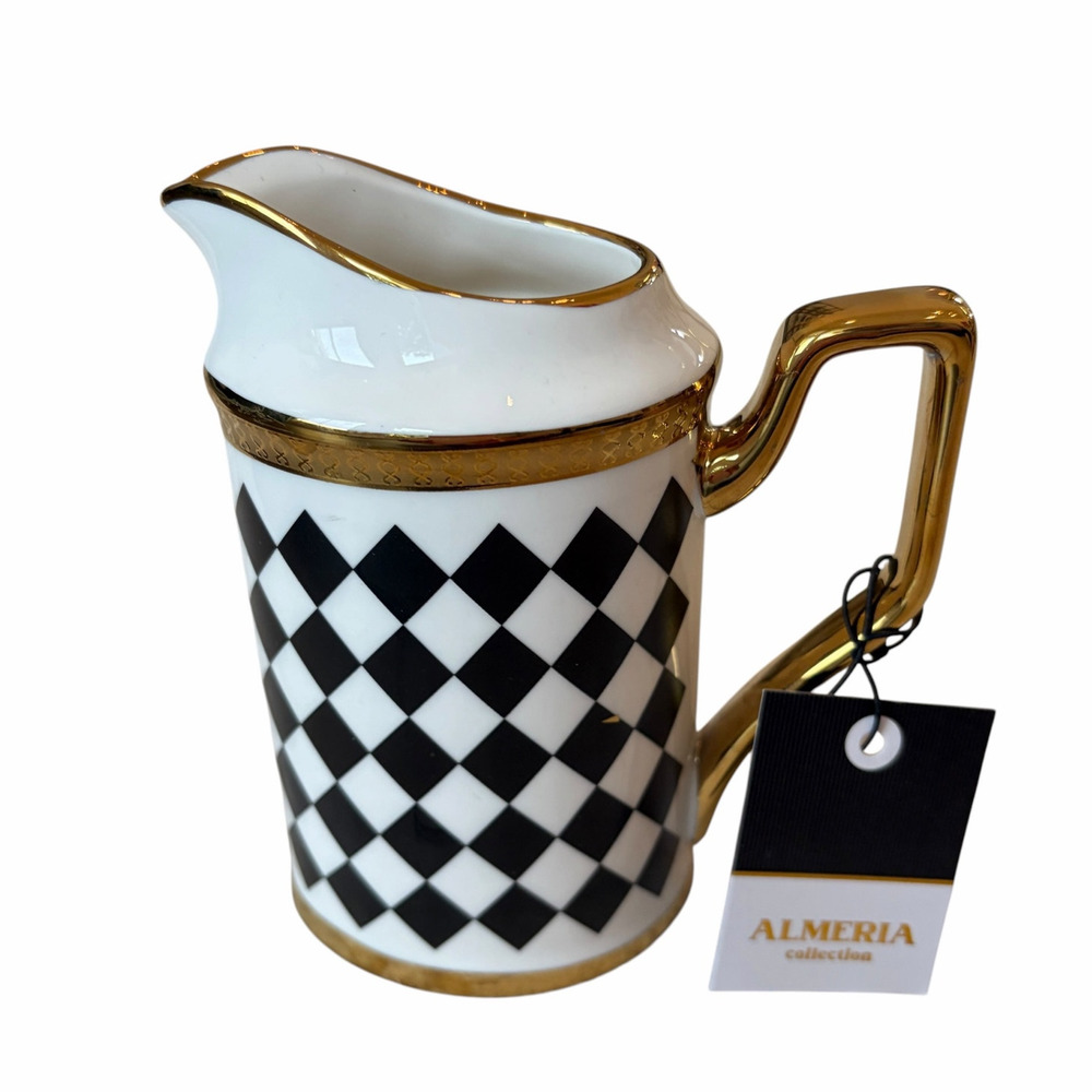Almeria Black & White Harlequin Porcelain Creamer Gold Accents NEW